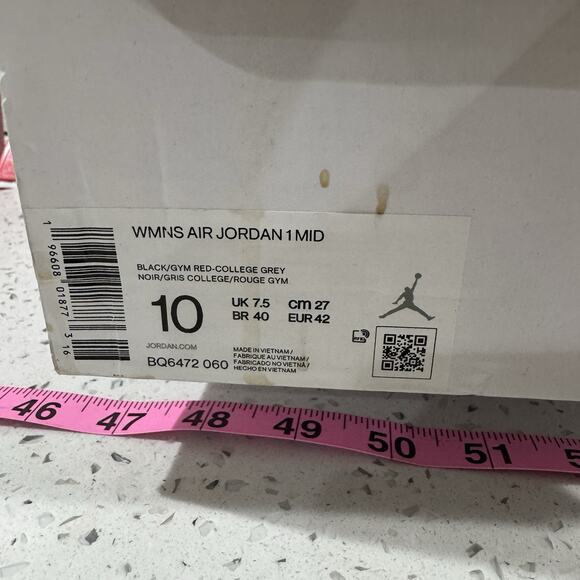 Women’s Nike Air Jordan 1 MID Red College Grey Size 10 New TS - Picture 6 of 9